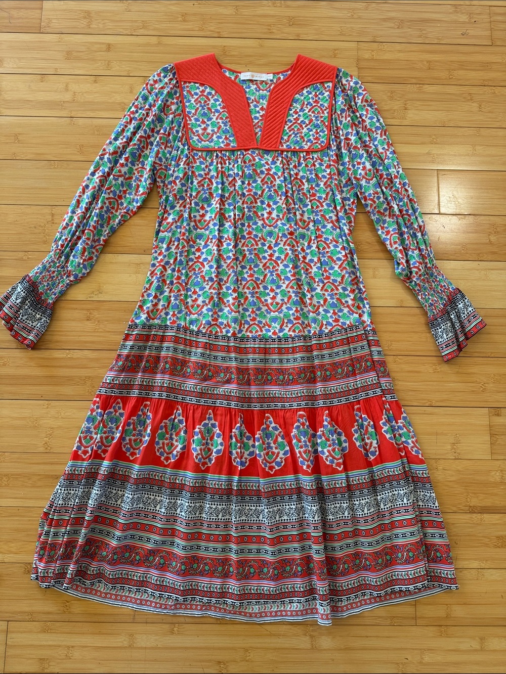 Tory Burch Red Multi-Print Long Sleeve Maxi Dress